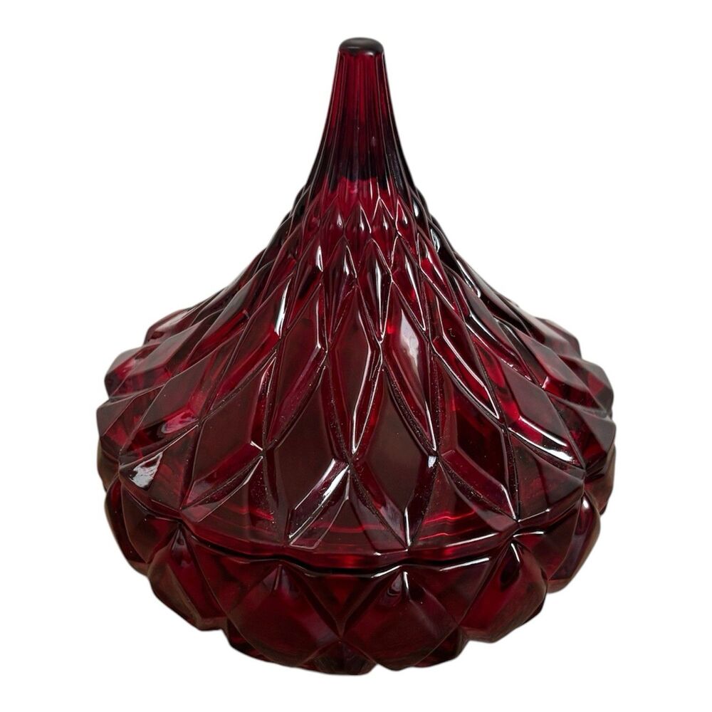 Hershey's Kisses Ruby Red Flash Pressed Glass Candy Dish w/ Lid Diamond Point